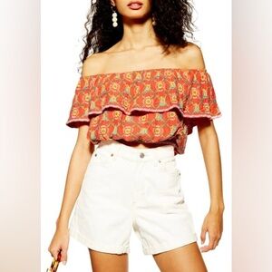 Topshop Bardot Floral Off-Shoulder Orange Embroidered Crop Top